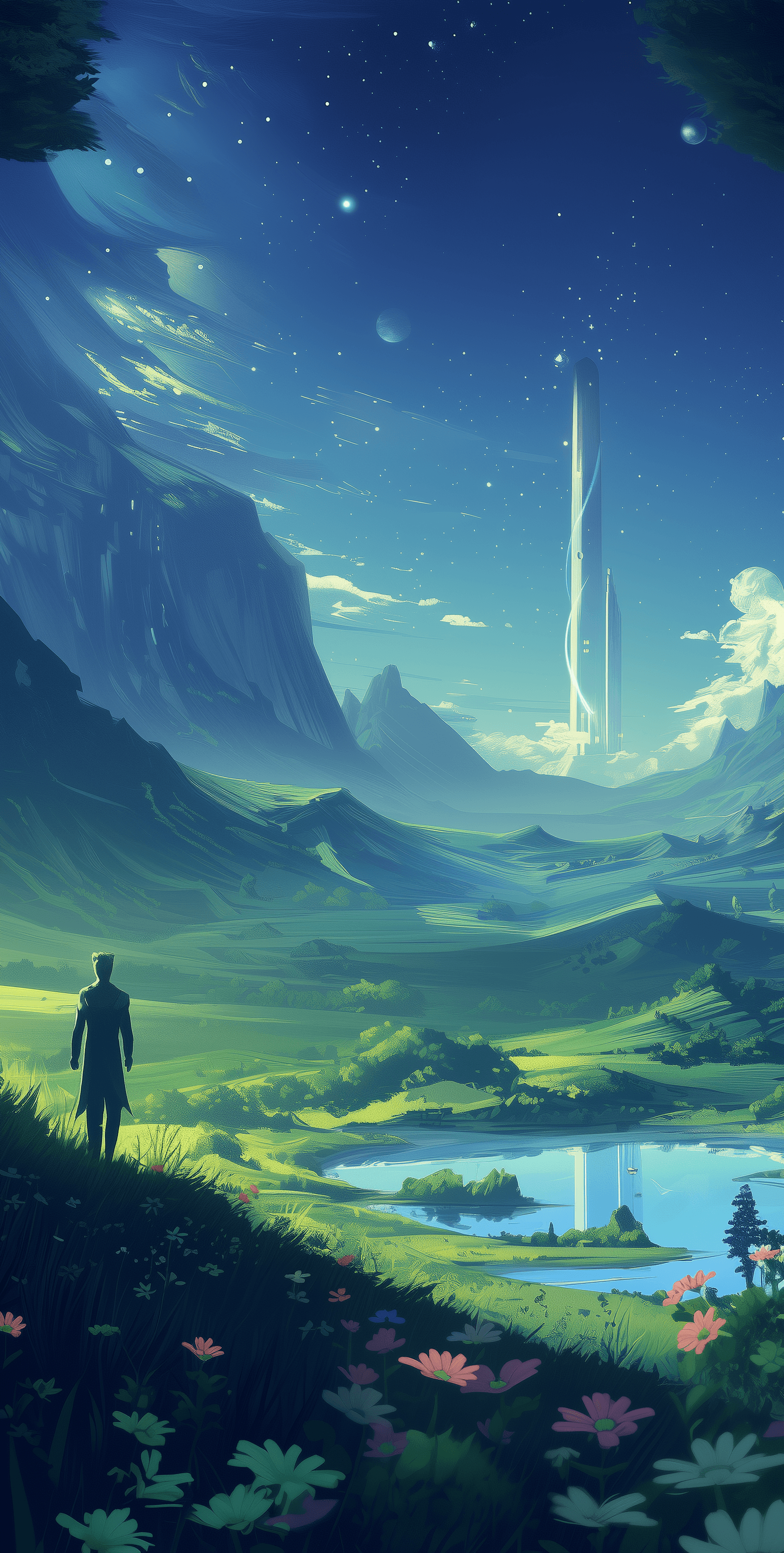 Background image of a man looking at a futuristic city